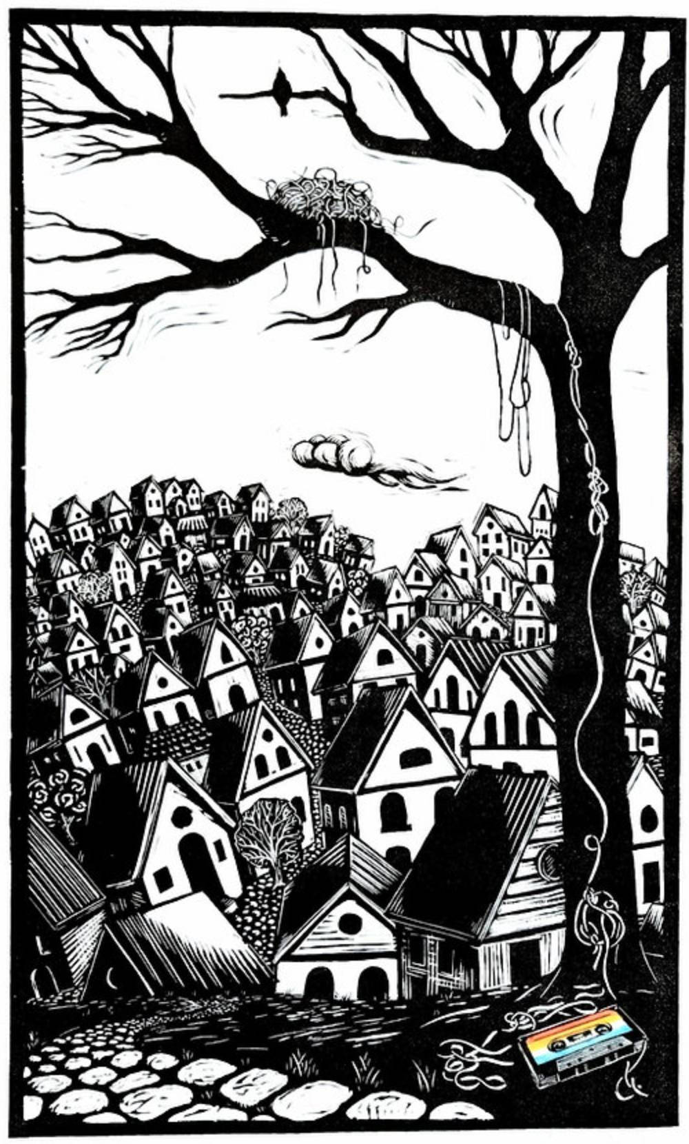 A relief print depicting a sprawling neighborhood of houses which are close together, stretching into the distance on the bottom half of the page.
